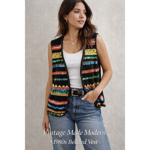 Vintage Gantos 80s Black Beaded Sweater Vest | Boho Statement | Small